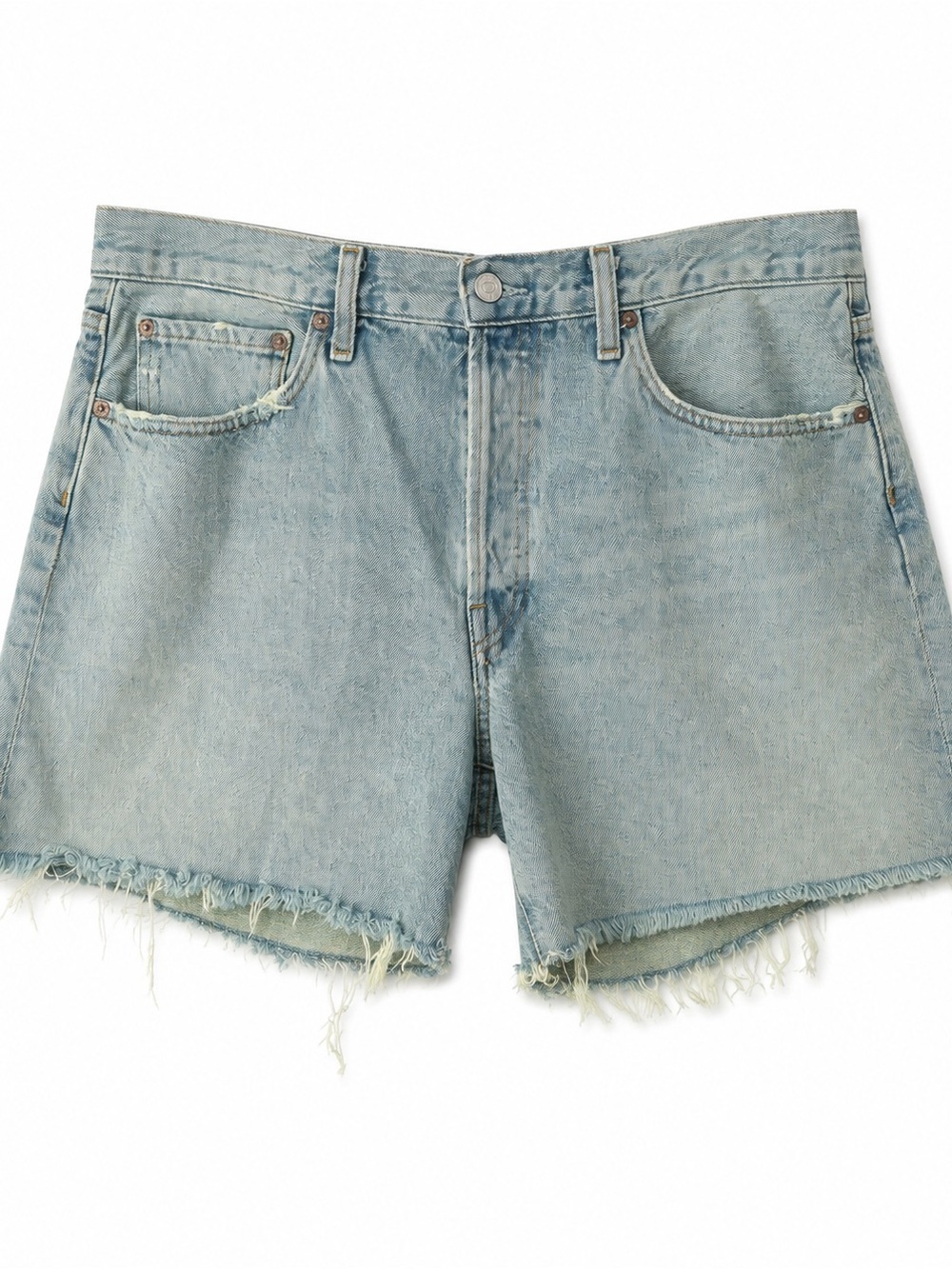 AGOLDE Parker Distressed Denim Shorts Size 31 Light Wash Green Cast Button Fly